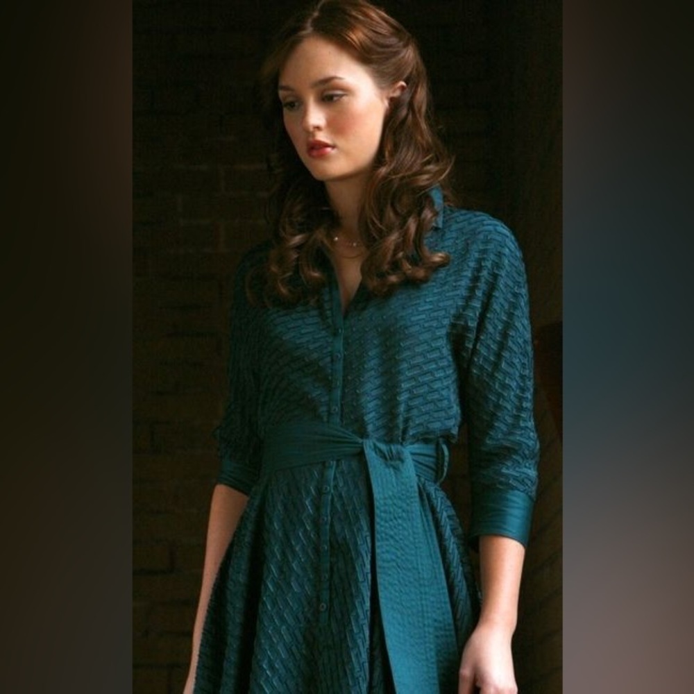 ASO Blair Waldorf Green Catherine Malandrino button up silk dress Size 8 EUC